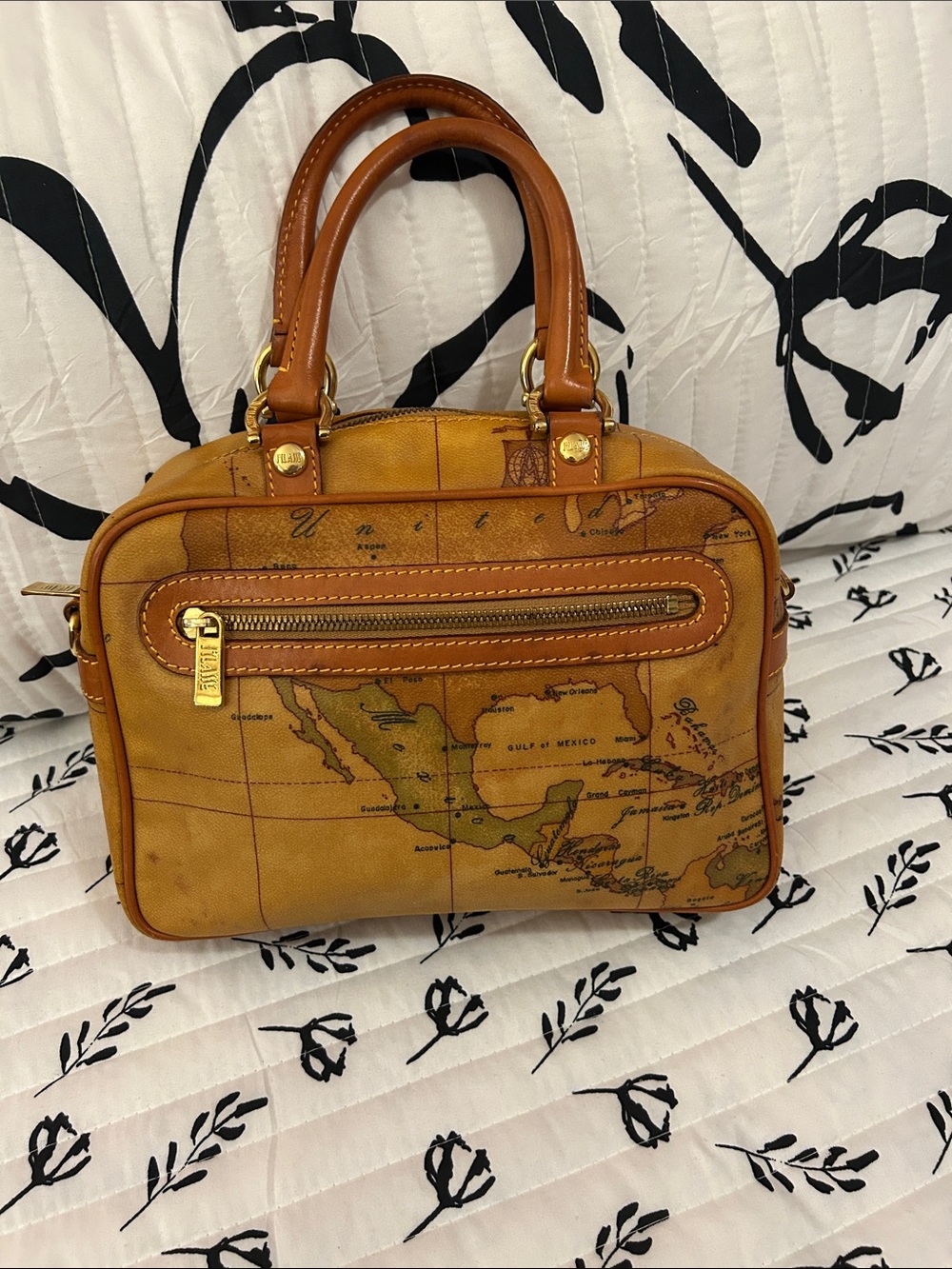 Alviero Martini Geo Print Top-Handle Bag in Tan and Brown